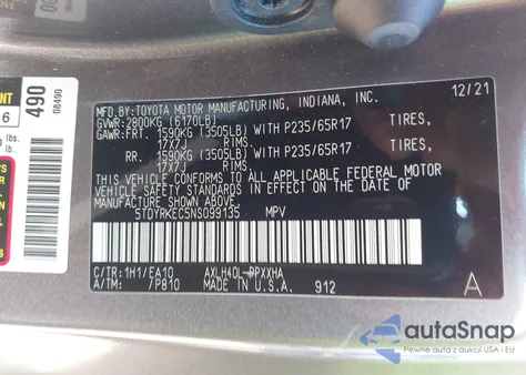2022 Toyota Sienna Xle z USA, uszkodzony, nr VIN 5TDYRKEC5NS099135